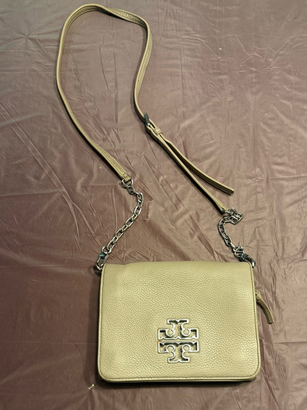 Tory Burch Britten French Gray Leather Silver Crossbody Purse Handbag - Picture 2 of 14